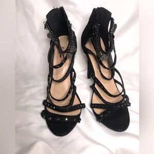 JustFab Women’s Open Toe Strappy Stiletto Heels Black Studded Size 8.5